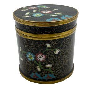 Vintage Enamel Cloisonné Floral Trinket Box With Lid - Black & Multicolor Design